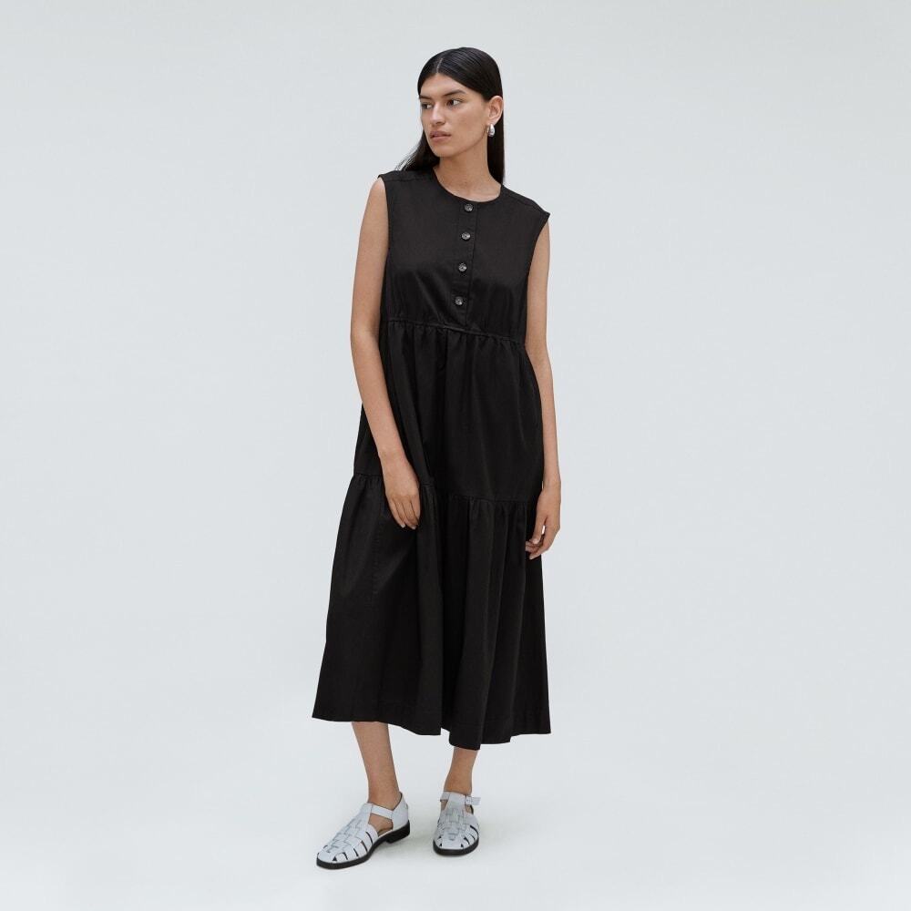 Preppy Teacher Core Minimalist 100% Cotton 1/2 Button Everlane Tiered Midi Dress